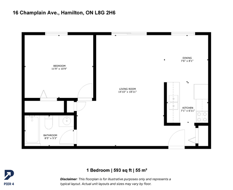 Floor plan for 1 bed, 1 bath